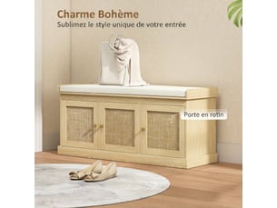Banc chaussures entrée 9 paires, banc de rangement, 3 portes en rotin, 105x35x47cm, coussin et étagère réglable, chêne