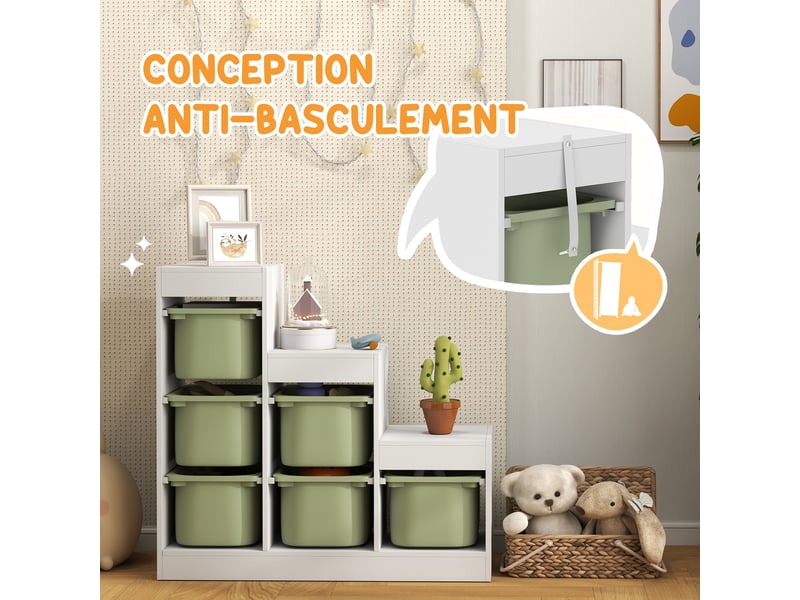  Meuble de rangement pour jouets des enfants avec 6 bacs amovibles, 3 niveaux de rangement, 96 x 38,5 x 90, vert  - Conforama R