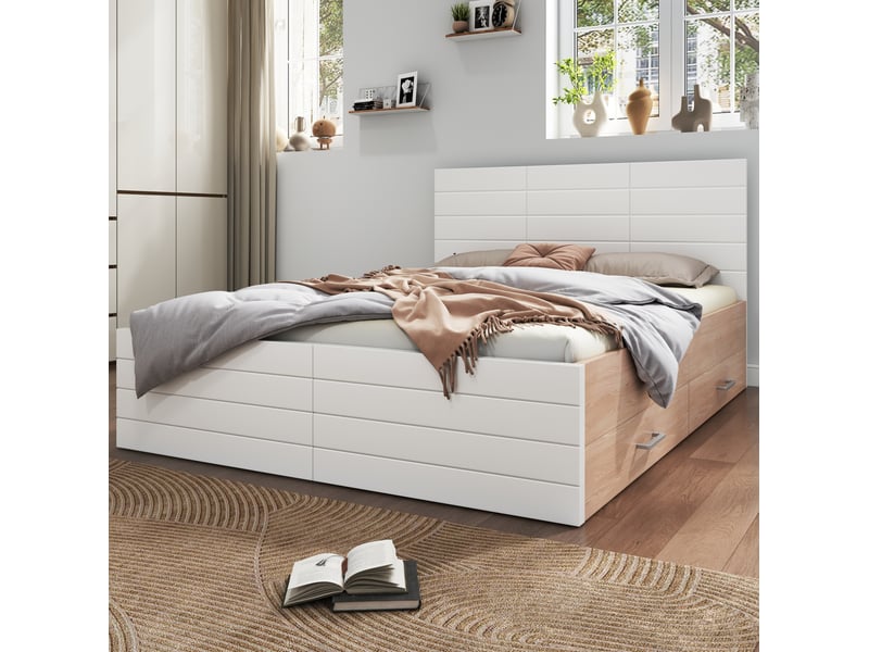 Lit double 160 x 200 cm blanc et chêne clair avec 2 tiroirs, sommier à lattes et matelas - Conforama C