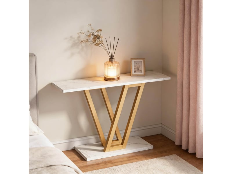  Console étroite avec tablette inférieure style moderne pour entrée et salon en mdf et métal blanc doré  - Conforama B