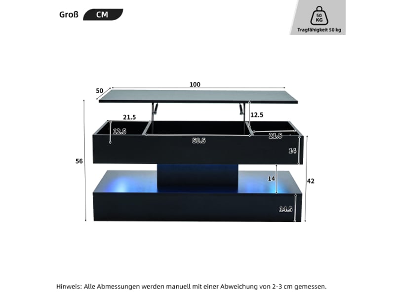 Table basse moderne led avec rangement caché et levage hydraulique – 100×50×42 cm, capacité 50 kg - Conforama C