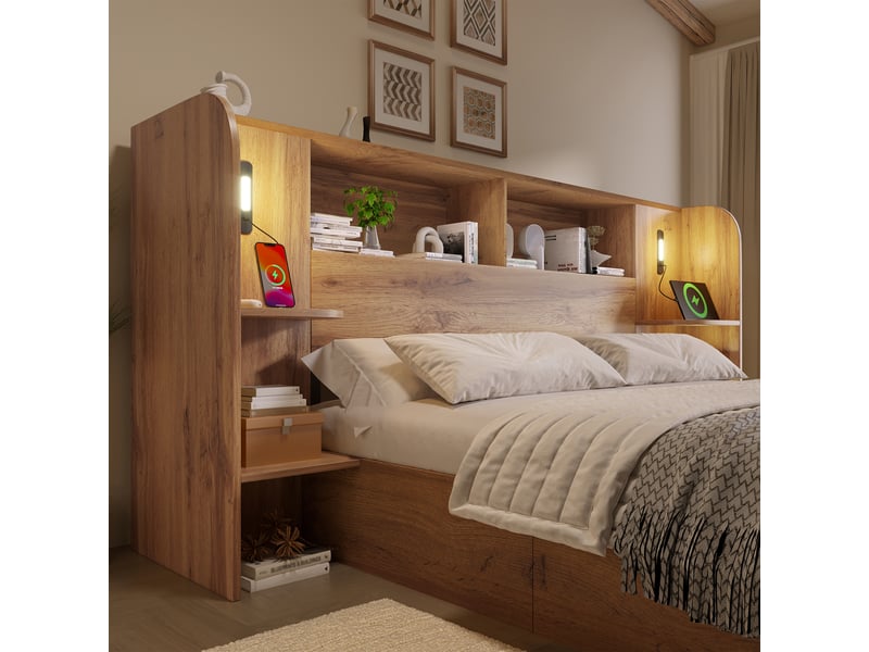 Lit coffre 160x200 cm avec rangement hydraulique, lit double avec étagères de tête de lit, lampes tactiles, usb-ausb-c et sommier, effet chêne OPULERANE TRADING LTD - Conforama E
