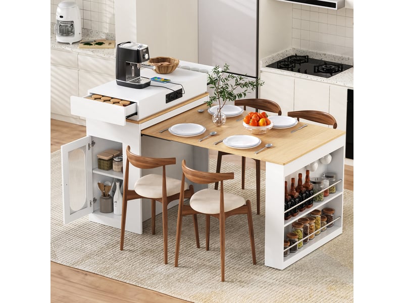  Îlot de cuisine extensible à roulettes 83x46x96 cm avec prises, blanc  - Conforama C