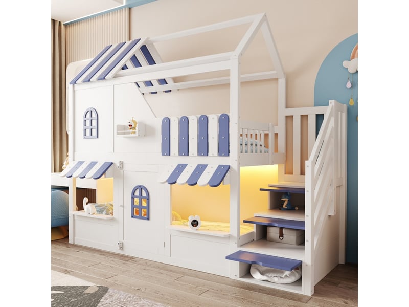 Lit superposé enfants, 90x200cm, lit cabane avec éclairage led et étagères, fenêtres et porte, blanc  - Conforama D