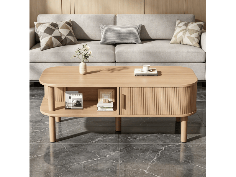  Table basse avec porte coulissante, niche ouverte et rangement fermé, style scandinave, salon, mdf, bois naturel, 110 × 55 × 45 cm  - Conforama C