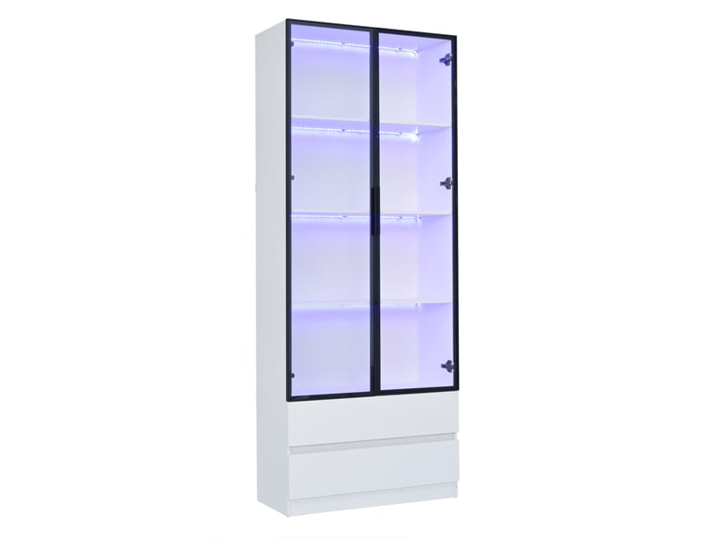  Vitrine haute 80x34x200 cm à led, 2 portes vitrées et 2 tiroirs, blanc  - Conforama A