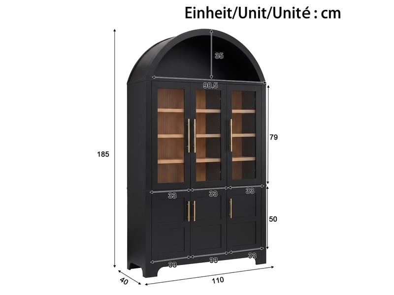  Buffet haut 110x40x185cm, 3 vitrines en verre, 3 compartiments fermés, étagères réglables, niche arrondie, mdf et panneaux de particules, noir ABC - Conforama C