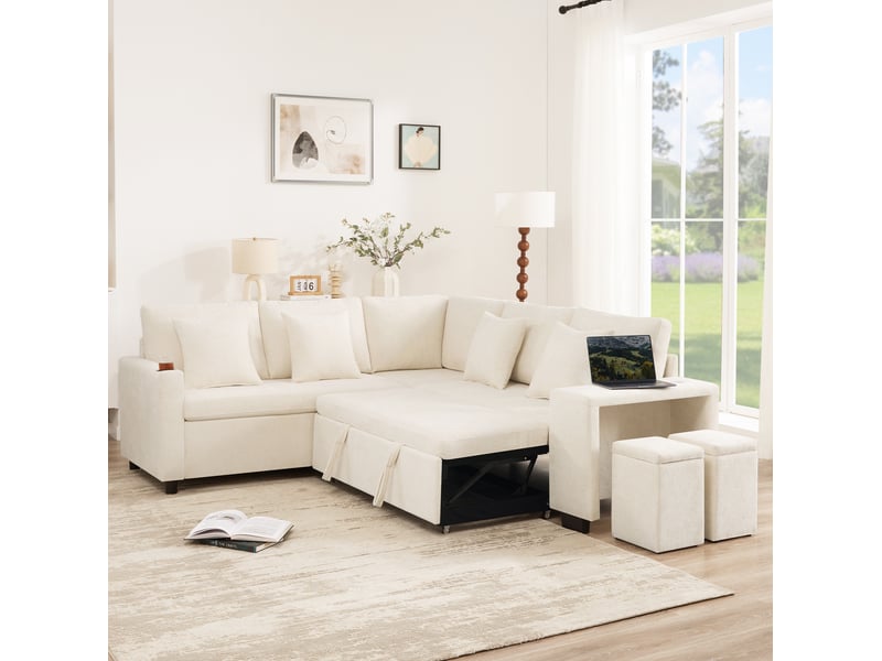 Canapé d'angle convertible avec rangement, fonction couchage, porte-gobelets, usb et usb-c, en chenille beige  - Conforama D