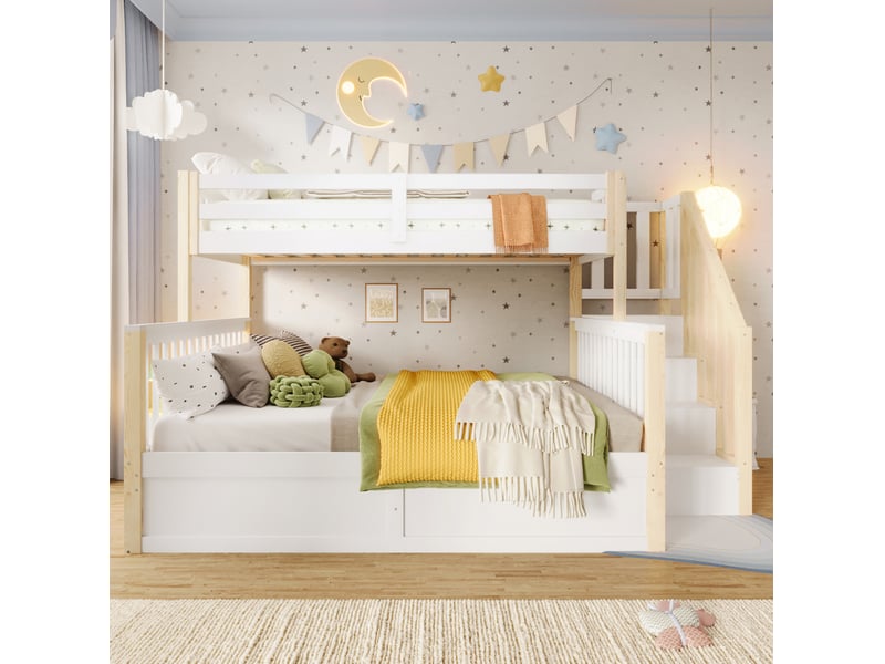  Lit superposé 90x200 et 140x200 cm, escalier de rangement, coffre hydraulique, pin et mdf, blanc et naturel sans matelas  - Conforama D