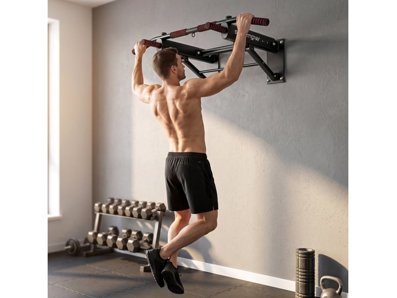  Barre de traction murale pliable en acier noir, prises antidérapantes, charge maximale 120 kg, pour home gym  - Conforama E