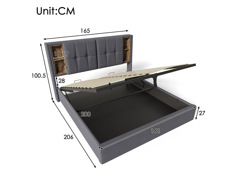  Lit coffre 160 × 200 cm 2 places avec led de charge, usb, type-c et rangement, sans matelas, en coton gris  - Conforama D