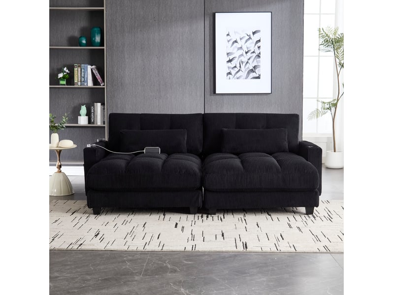  Canapé 2 places modenvie modulable, séparable en 2 fauteuils, velours côtelé noir, ports usb, 4 porte-gobelets, 4 poches, 224 x 140 x 81 cm  - Conforama E