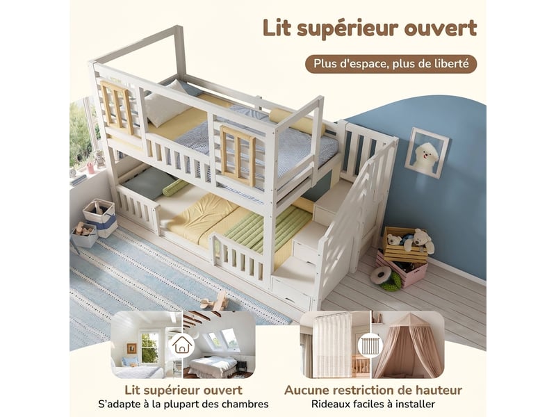  Lit superposé 90x200 cabane enfant en bois avec escalier et rangement - 2 couchages blanc  - Conforama E