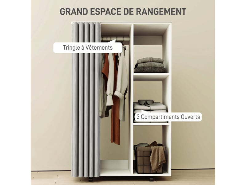  Armoire penderie vêtement dressing mobile 4 roulettes avec étagères ouvertes et tringle à vêtements, blanc  - Conforama A