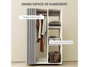 Armoire penderie vêtement dressing mobile 4 roulettes avec étagères ouvertes et tringle à vêtements, blanc