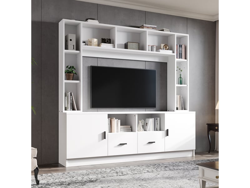  Ensemble meuble tv mural blanc pour écran jusqu'à 60 pouces - 180x35x170 cm - multi-rangements  - Conforama B