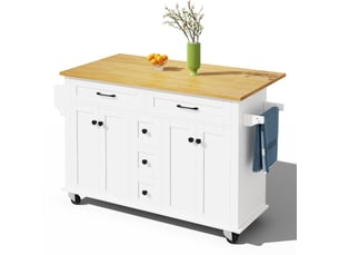 Îlot de cuisine extensible 140x40-65x89 cm, plan rabattable 18 mm, 5 tiroirs et rangements, mdf, blanc et naturel
