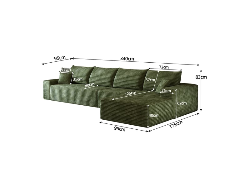  Canapé d'angle modulaire 4 places 340x175x83 cm avec méridienne en l assise profonde vert  - Conforama E