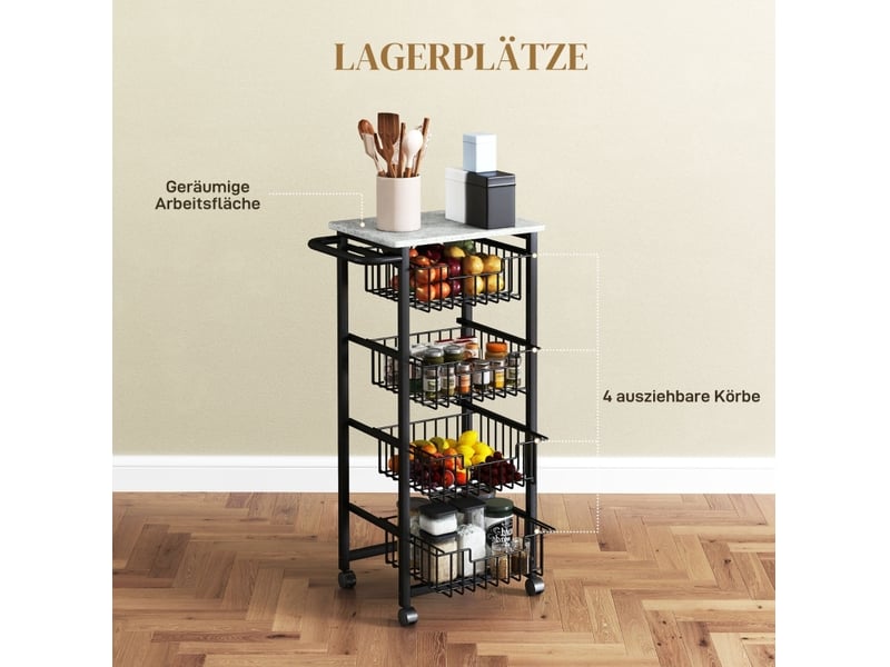  Chariot de cuisine 43x31x91 cm, avec ses 4 paniers extractibles, structure en acier et mdf, couleur gris clair et noir  - Conforama E