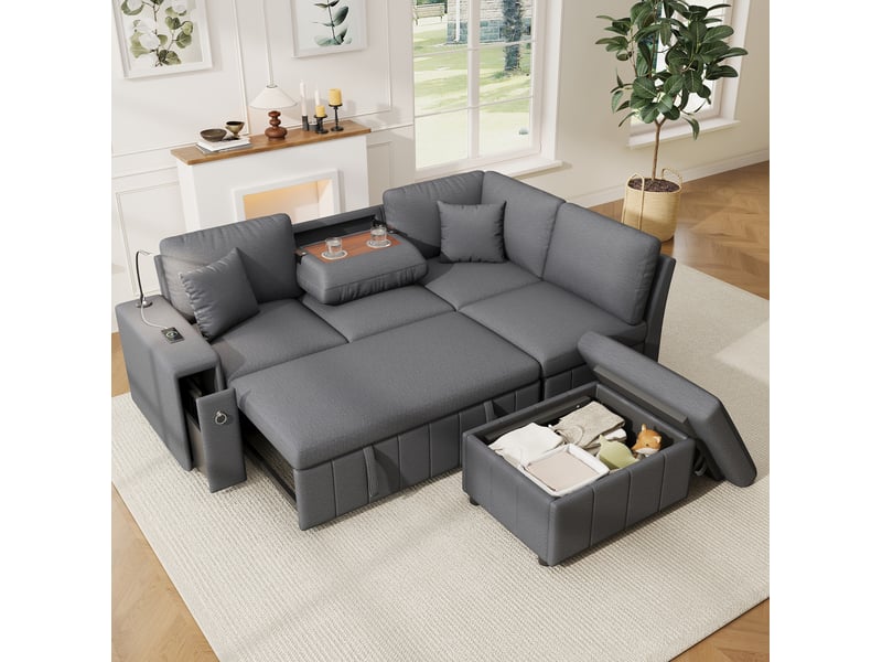 Canapé d'angle 213x184x88cm, table intégrée, connectique usb, éclairage de lecture, pouf inclus, revêtement lin, gris - Conforama D