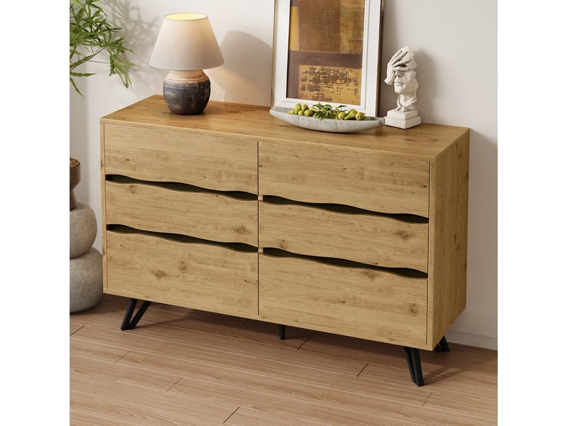  Commode 120x40x75,5 cm, effet bois, armoire de rangement,en mdf, pour cuisine, couleur bois, buffet avec 6 tiroirs  - Conforama D