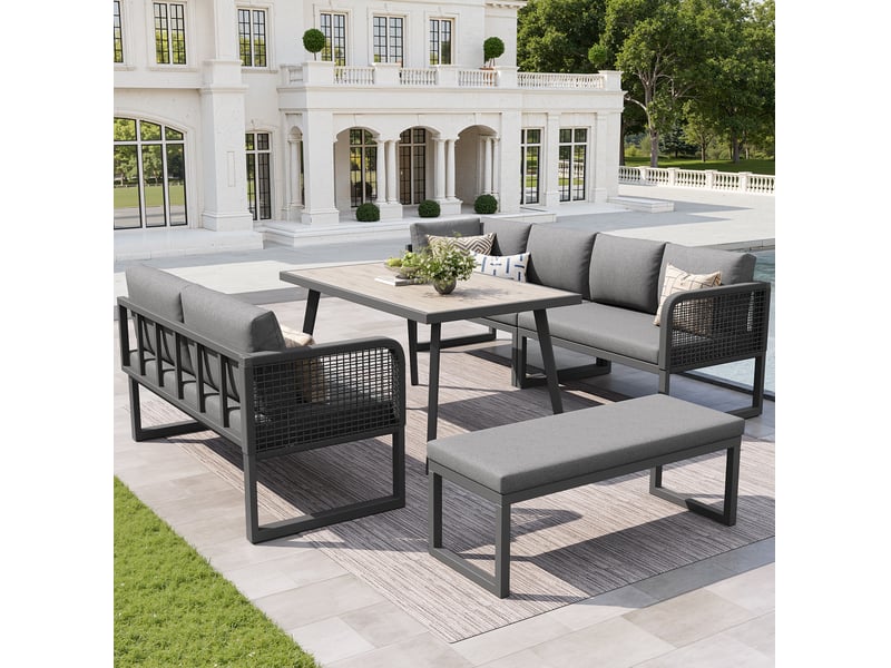 Salon de jardin 6 à 8 places modulable gris en résine tressée, avec table et banquette pour terrasse - Conforama B