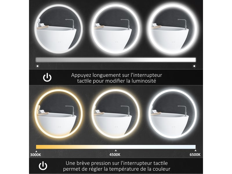 Miroir rond lumineux led de salle de bain 80 cm mural avec éclairage 3 couleurs tactile interrupteur 46w blanc argent - Conforama R