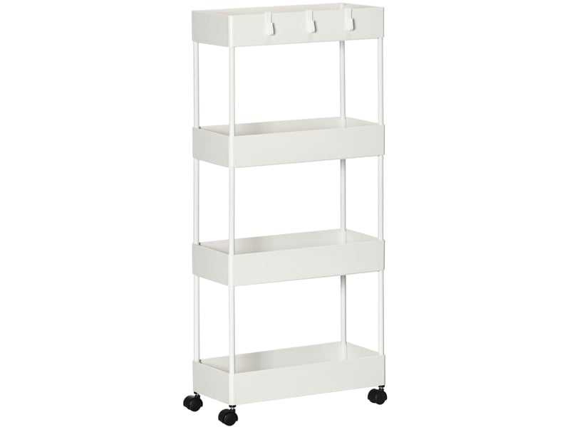  Desserte de cuisine 40 x 19 x 90 cm blanche en acier et abs, 4 niveaux, 2 roulettes avec freins et 3 crochets  - Conforama A