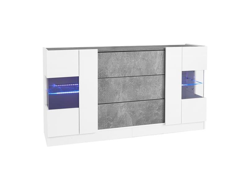 Buffet blanc laqué effet marbre gris 140x35x75 cm - 2 portes, 3 tiroirs, éclairage led - Conforama A