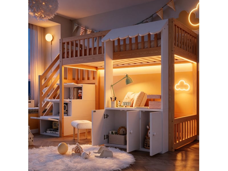 Lit mezzanine enfant 90x200 cm – bois clair et blanc – escalier rangement, led multicolores – sans matelas - Conforama B