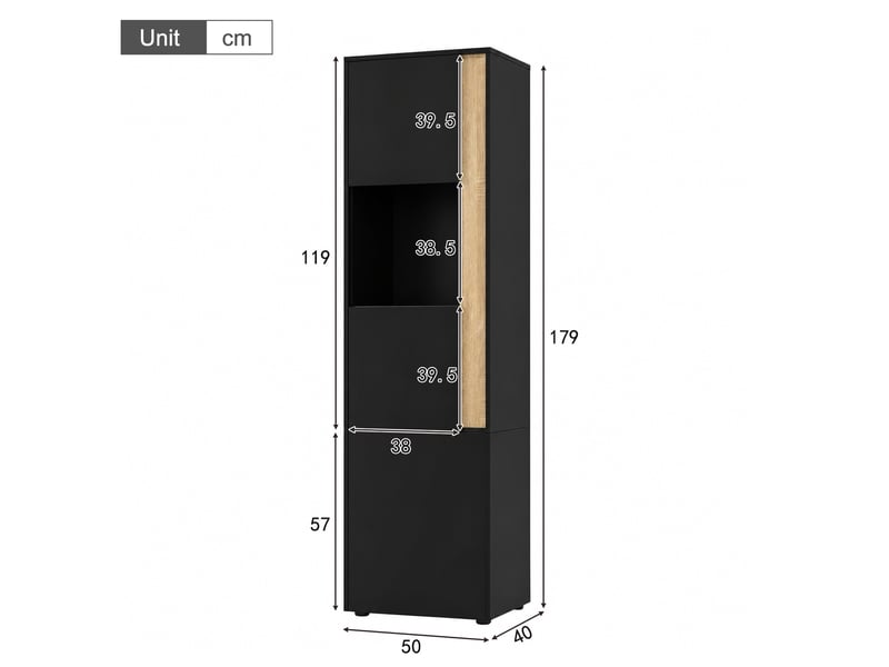  Vitrine haute 50x40x179 cm – noir et naturel – led réglable, 2 portes dont une en acrylique pour salon  - Conforama C
