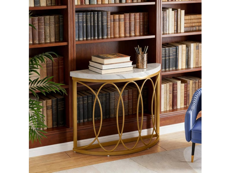 Console demi-lune avec plateau en mdf, structure en métal, pieds antidérapants, style moderne pour entrée, salon et couloir - Conforama C