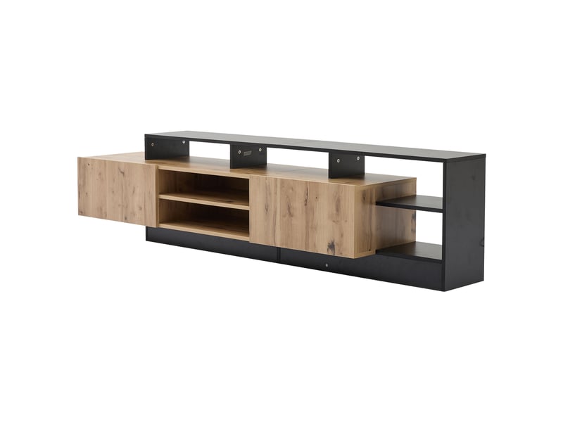  Meuble tv moderne 190 cm jusqu’à 70 pouces, finition chêne et noire, rangements ouverts, portes abattantes et éclairage led usb  - Conforama A