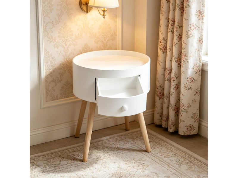  Table de chevet tcqpz ronde avec tiroir 38 x 38 x 45 cm mdf et bois blanc et bois clair  - Conforama B