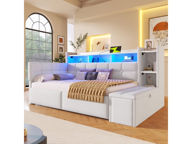  Lit avec rangement rembourré 90x190 cm coloris blanc led velours lit adulte blanc - Conforama D