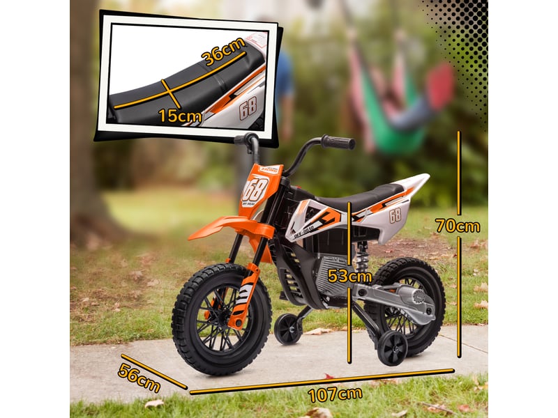  Moto électrique pour enfants, 12 v, avec musique, stabilisateurs, 3-6 ans, orange  - Conforama E