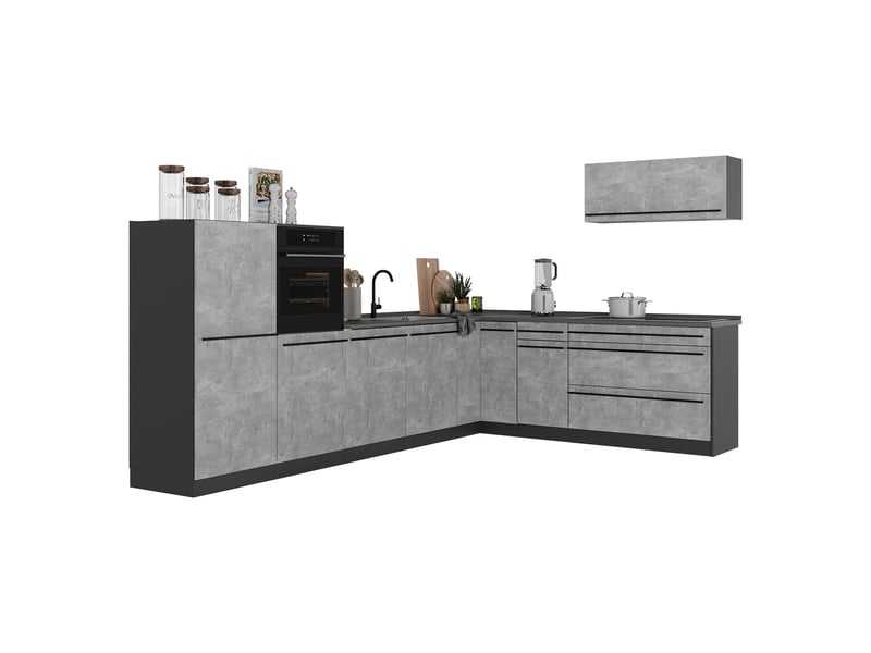 Vicco cuisine en angle, bétonanthracite, 327 x cm plan de travail marbre - Conforama E