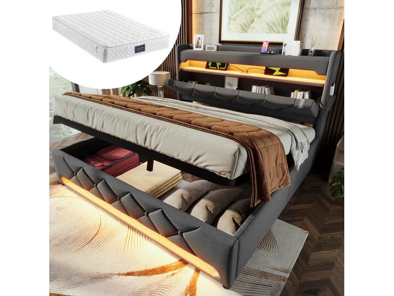  Lit double 140 x 200 cm en lin gris avec rangement hydraulique, led, ports usbtype-c et matelas  - Conforama B