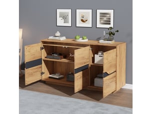 Buffet et enfilade avec 3 portes, 5 étagères réglables et fermeture douce pour le salon, chêne noir, 140 × 40 × 70 cm