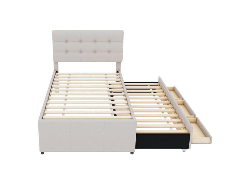  Lit enfant 90x200 cm avec lit gigogne 90x190 cm, 3 tiroirs et tête de lit réglable, tissu en lin, sans matelas, beige  - Conforama E