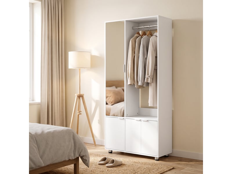  Armoire avec miroir, armoire moderne étroite avec penderie et compartiments de rangement, blanche  - Conforama C