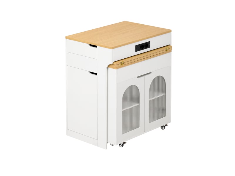  Îlot de cuisine - 71,2x36x93 cm blanc - table extensible multifonctionnelle avec roulettes, prises électriques et portes en verre cannelé  - Conforama A