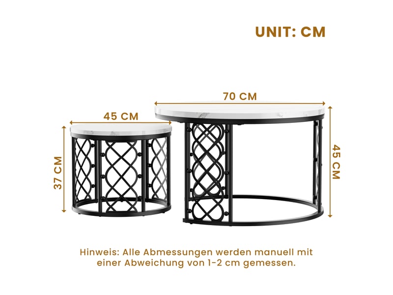  Tcqpz table basse 2 pièces 70x70 cm et 45x45 cm plateau effet marbre structure métal  - Conforama C