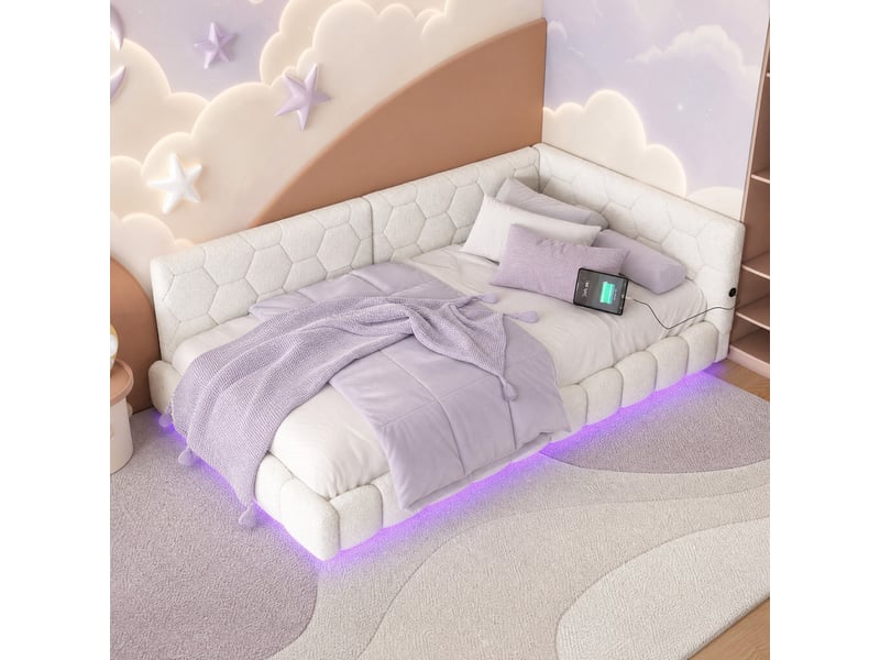  Lit banquette simple 90×200 cm led réglable, usb et type-c  - sans matelas, velours - blanc  - Conforama C