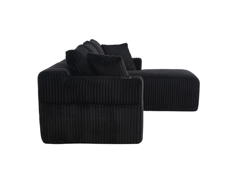  Canapé modulable 2 places avec méridienne, velours côtelé, 5 coussins, porte-gobelets  - Conforama E
