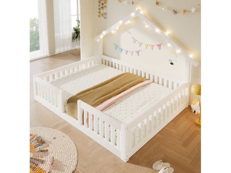  Lit cabane enfant modenvie 140 x 200 cm avec barrières de sécurité et guirlande led blanc  - Conforama B
