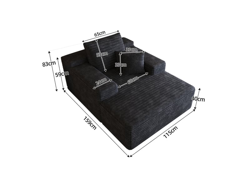  Méridienne en velours côtelé avec assise profonde et mousse haute élasticité, tissu noir 115 × 159 cm  - Conforama D