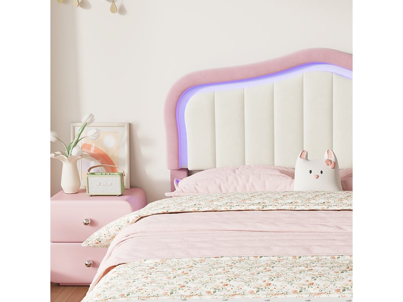  Lit enfant capitonné 140x200 cm rose velours avec 2 tiroirs led application et dossier blanc Sol Morn - Conforama E