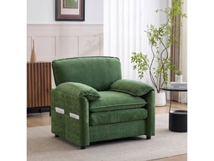 Fauteuil chenille vert foncé rétro avec double poche de rangement, structure bois et ressorts, dimensions 96x92x90 cm