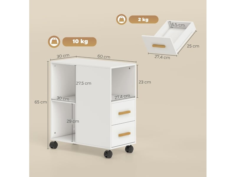 Meuble imprimante 60x30x65 cm avec roulettes bois blanc  - Conforama C